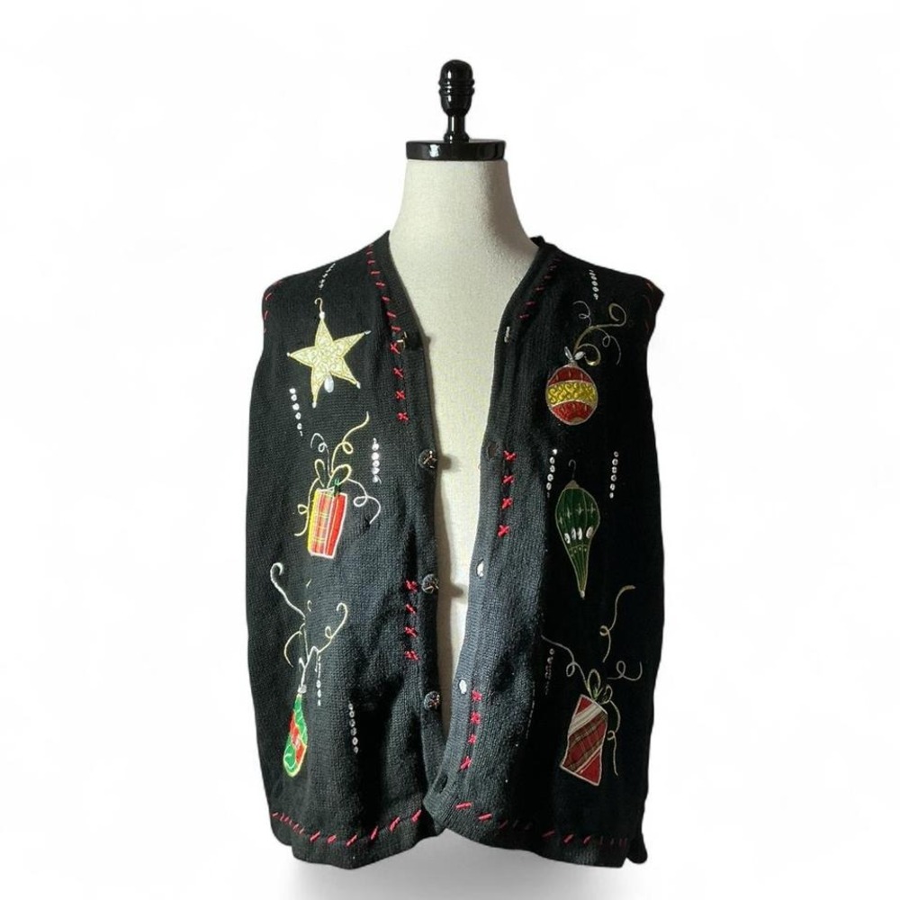 Womens Black‎ Christmas Vest Ugly Sweater Style Ornaments Star Gifts Rhinestone